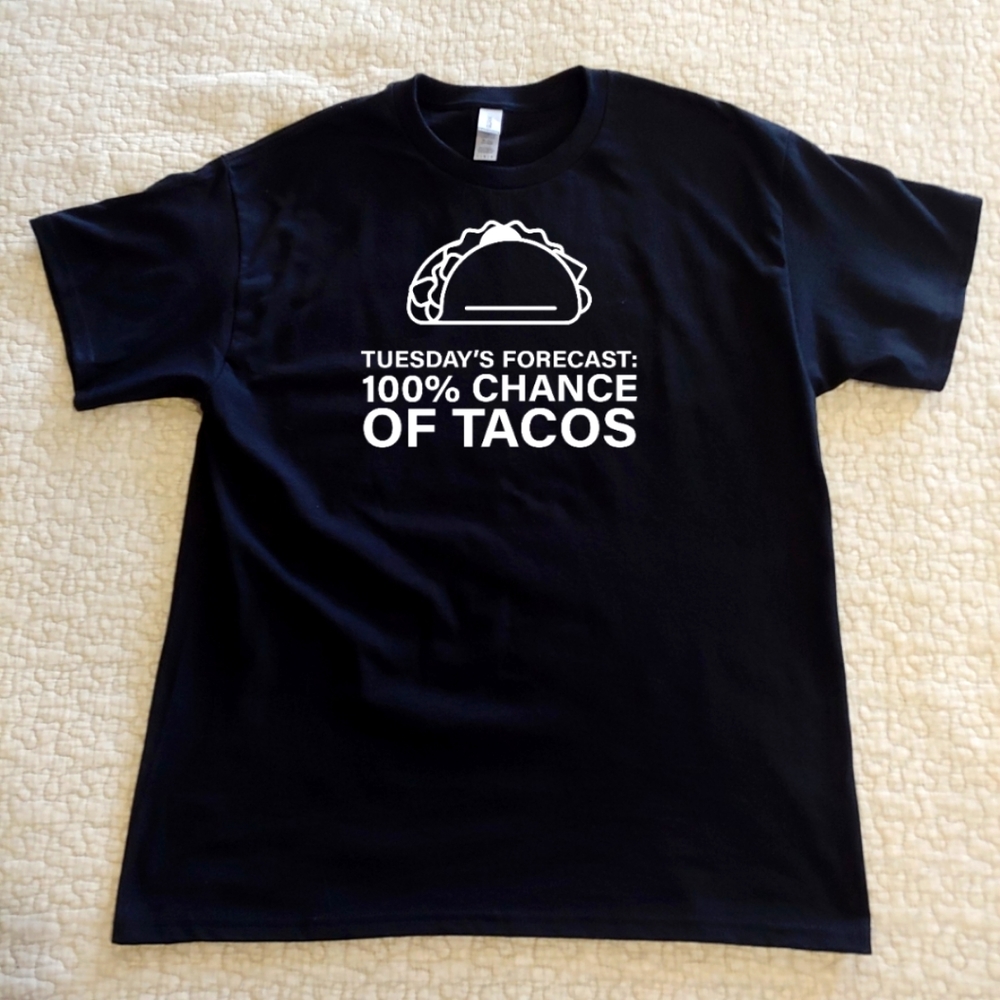 NWT 100% Chance of Tacos Graphic Tee, Various Sizes, Black, Short Sleeved